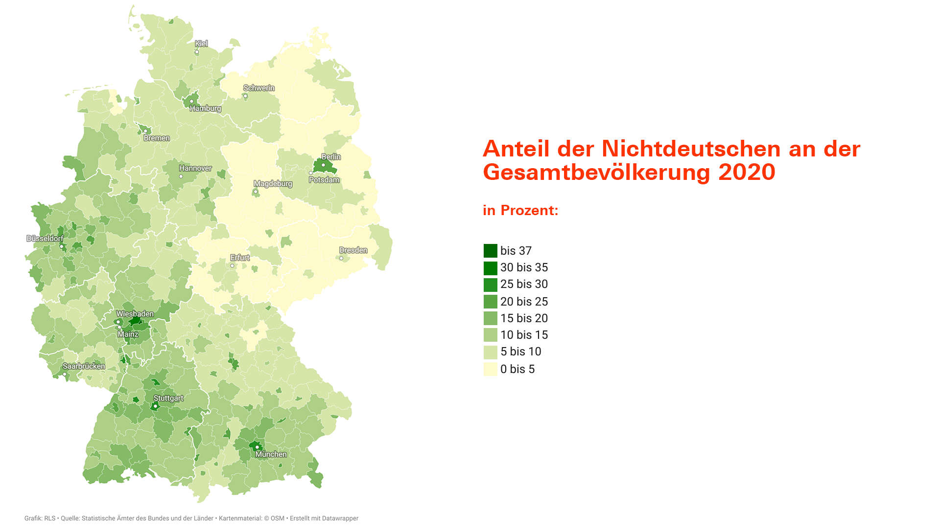 Anteil nichtdeutscher Einwohner*innen in Landkreisen und kreisfreien Städten Deutschlands 2020